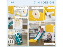 AIYAPLAY Outdoor-Spielzeug|Gartenspielgeräte|Kinderrutsche 7 in 1 mit Basketballkorb Klettergerüst