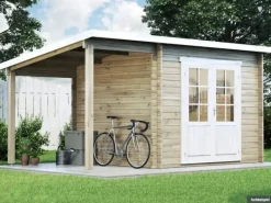 Kinder Alpholz Kinder-Gartengeräte|Gartenhaus Maria-28 Natur 300 cm x 250 cm + 150 cm Schleppdach