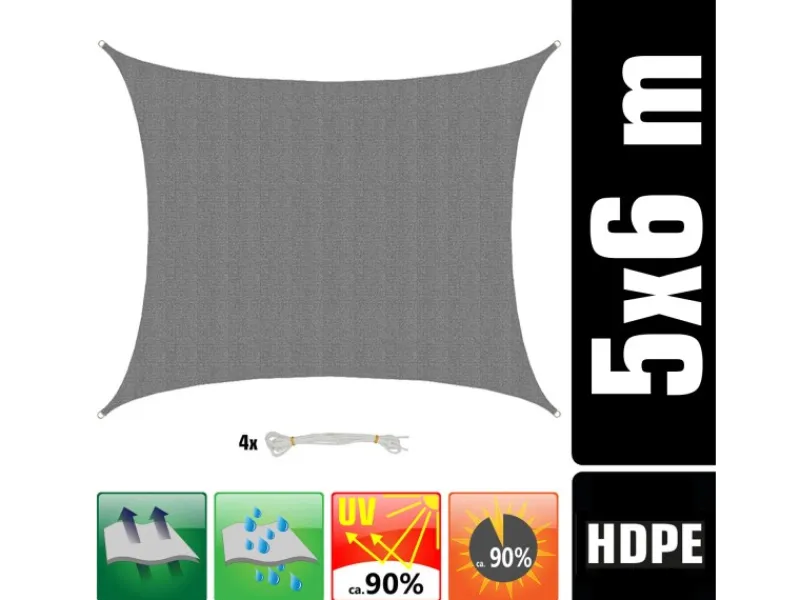 HDPE Sonnensegel Wasserdurchlässig - 6 x 5 m Rechteckig Grau*AMANKA Outlet