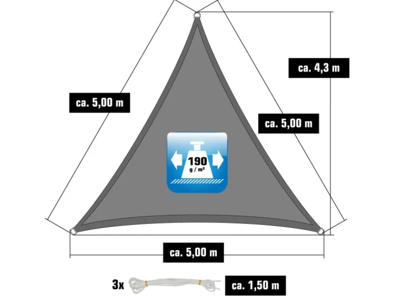 AMANKA Sonnensegel|Polyester Sonnensegel Wasserdicht - 5 x 5 x 5 m Dreieck Grau