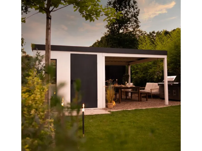 Amazing Spaces Fitnessgeräte|Gartenhaus Urban One Typ 7 Überdachung Rechts 250 x 298 cm Weiß