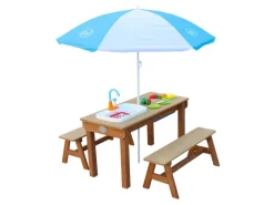 Sand und Wasser Picknicktisch Dennis Braun mit Sonnenschirm Blau Weiß*AXI