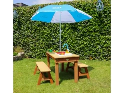 Sand und Wasser Picknicktisch Dennis Braun mit Sonnenschirm Blau Weiß*AXI