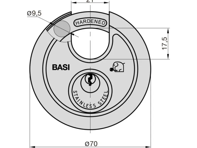 Basi Auflagenboxen|- Rundbügel-Vorhangschloss - RVS 610 - 70 mm - Verschiedenschließend - Edelstahlgehäuse