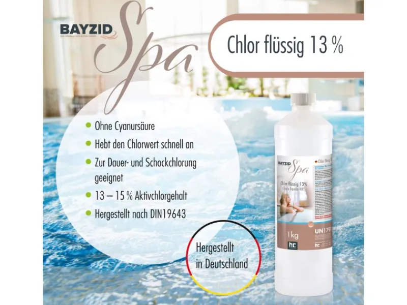 Bayzid Outdoor Whirlpools|Poolpflege|Spa Chlor Flüssig für Whirlpools & Planschbecken 1kg