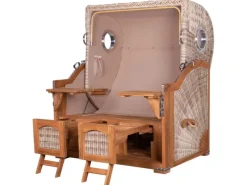 bene living Strandkorb Komplettset Ammersee Grande XL Teak Bullauge PE Shell Modell 584 Inkl Liftersystem Schutzhülle Doppelrollen Glasbecherhalter* Clearance