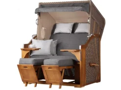 Weitere Gartenmöbel|Strandkörbe|bene living Strandkorb Komplettset Schleswig Pinie Zweisitzer PE Mokka Modell 558