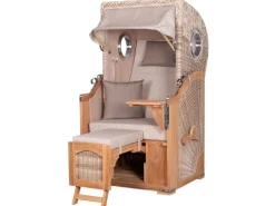 bene living Strandkorb Komplettset Ammersee Single Teak Bullauge PE Shell Modell 510 Inkl Liftersystem Schutzhülle Doppelrollen Glasbecherhalter* Discount