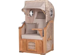 bene living Strandkorb Komplettset Ammersee Single Teak Bullauge PE Shell Modell 510 Inkl Liftersystem Schutzhülle Doppelrollen Glasbecherhalter* Discount