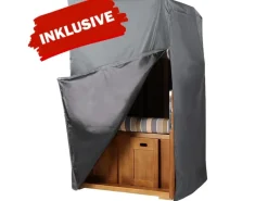 bene living Strandkorb Komplettset Ammersee Single Teak Bullauge PE Shell Modell 506 Inkl Liftersystem Schutzhülle Doppelrollen Glasbecherhalter* Discount