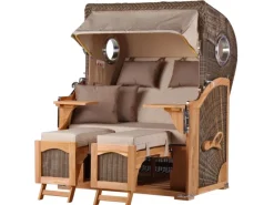 bene living Strandkorb Komplettset Ammersee Teak Bullauge PE Grau Modell 510* Outlet