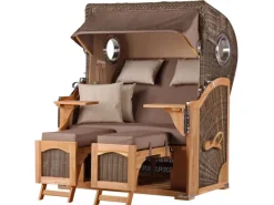 bene living Strandkorb Komplettset Ammersee Teak Bullauge PE Grau Modell 534* Best