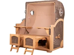 bene living Strandkorb Komplettset Ammersee Grande XL Teak Bullauge PE Grau Modell 522 Inkl Liftersystem Schutzhülle Doppelrollen Glasbecherhalter* Hot