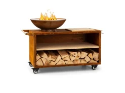 Feuerschalen|Blumfeldt Savage 2.0 Wide Feuerschale Grill Bambus-Schneidebrett Wetterschutz Braun