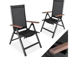CCLIFE Gartenstühle|Gartenstühle Alu 2er Set Gartenstuhl Hochlehner Klappbar Balkonstühle 7-Fach Verstellbar bis 150kg Dunkelgrau Modell Holzmaserung RelaxPro