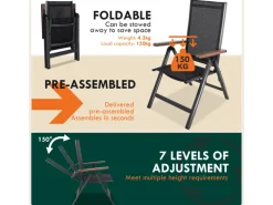 CCLIFE Gartenstühle|Gartenstühle Alu 2er Set Gartenstuhl Hochlehner Klappbar  Balkonstühle 7-Fach Verstellbar bis 150kg Dunkelgrau Modell Holzmaserung RelaxPro