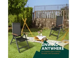 CCLIFE Gartenstühle|Gartenstühle Alu 2er Set Gartenstuhl Hochlehner Klappbar  Balkonstühle 7-Fach Verstellbar bis 150kg Dunkelgrau Modell Holzmaserung RelaxPro