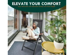 CCLIFE Gartenstühle|Gartenstühle Alu 2er Set Gartenstuhl Hochlehner Klappbar  Balkonstühle 7-Fach Verstellbar bis 150kg Dunkelgrau Modell Holzmaserung RelaxPro