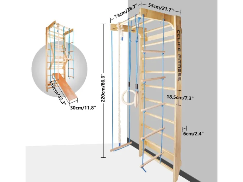 Sprossenwand Turnwand Gym Klettergerüst Holz Sportgerät mit Stange Fitness Kinder Erwachsene Blu*CCLIFE Sale