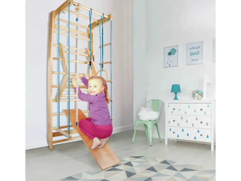 Sprossenwand Turnwand Gym Klettergerüst Holz Sportgerät mit Stange Fitness Kinder Erwachsene Blu*CCLIFE Sale