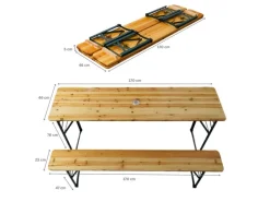 CHEFGASTRO Bierzeltgarnituren|Bierzeltgarnitur 3-Teilig Klappbar 1x Tisch Mit Schirmhalterung 2x Bierbank HxBxT 76x170x46 cm Lackiertes Holz Inkl. 12x Bodenschoner
