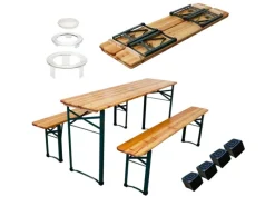 CHEFGASTRO Bierzeltgarnituren|Bierzeltgarnitur 3-Teilig Klappbar 1x Tisch Mit Schirmhalterung 2x Bierbank HxBxT 76x170x46 cm Lackiertes Holz Inkl. 12x Bodenschoner