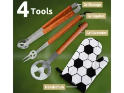 deluxe4home Elektrogrills|Grillset mit Grillbesteck Grillgabel Grillzange Grillwender und Grillhandschuh Fussball Design