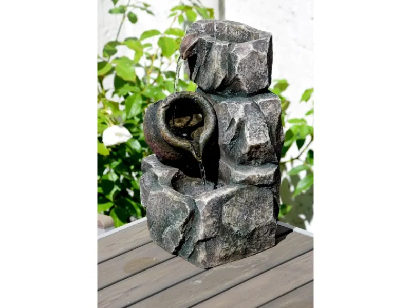 Dobar Brunnenpumpe|Design-Zimmerbrunnen Polyresin in Felsen-Optik Grau