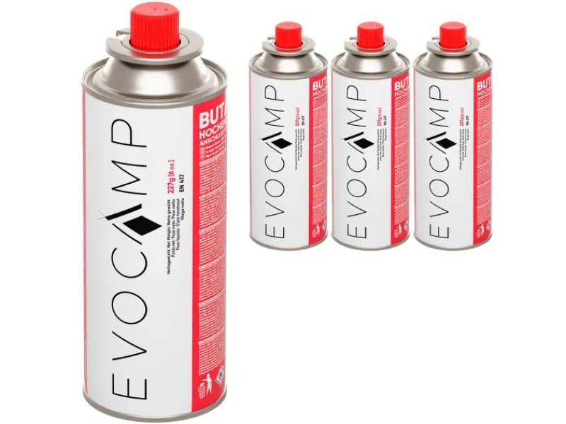 EVOCAMP Campingzubehör|Butan 4 Stück Gaskartusche 227g für Campingkocher Gasheizung und Unkrautbrenner Typ MSF-1a