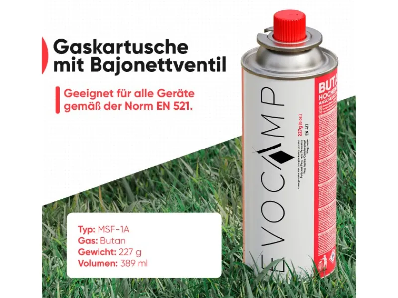 EVOCAMP Campingzubehör|Butan 4 Stück Gaskartusche 227g für Campingkocher Gasheizung und Unkrautbrenner Typ MSF-1a