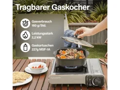 EVOCAMP Campingzubehör|Camping Gaskocher 1-Flammig 2,2 kW mit Piezozündung für 227g Kartuschen