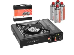 Camping Gaskocher 1-Flammig mit 4 227g Kartuschen und Transportkoffer*EVOCAMP New