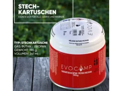 EVOCAMP Campingzubehör|Gaskartusche 6 Stück Butan Propan 190g Stechkartusche Typ 200 EN417 mit Sicherheitsventil für Gaskocher