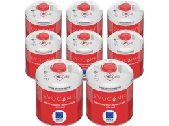 EVOCAMP Wassersport|Propan Butan 8 Stück Gaskartusche 450g Schraubkartusche Eurogewinde Sicherheitsverschluss für Campingkocher