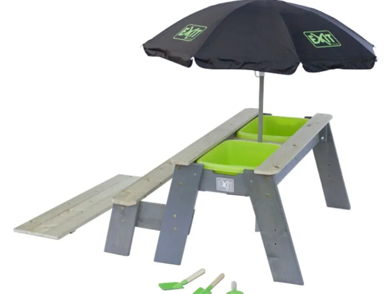 Kinder Exit Toys Kinder-Gartengeräte|EXIT Aksent Sand,- Wasser- und Picknicktisch (1Bank) m. Sonnenschirm u. Gartenw.