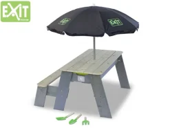 Kinder Exit Toys Kinder-Gartengeräte|EXIT Aksent Sand,- Wasser- und Picknicktisch (1Bank) m. Sonnenschirm u. Gartenw.