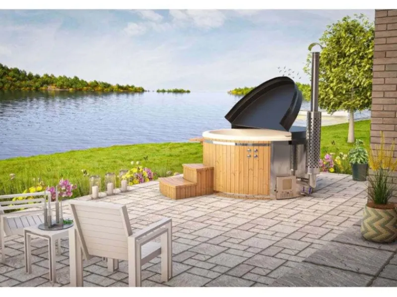 FinnTherm Outdoor Whirlpools|Badefass Stockholm Thermoholz Whirlpool Ø 180 cm VA-Ofen 30 kW Creme