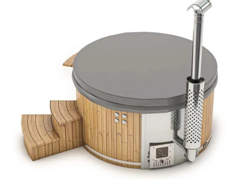 FinnTherm Outdoor Whirlpools|Badefass Stockholm Thermoholz Whirlpool Ø 180 cm VA-Ofen 30 kW Creme
