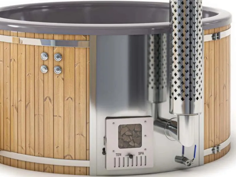 FinnTherm Outdoor Whirlpools|Badefass Stockholm Thermoholz Whirlpool Ø 180 cm VA-Ofen 30 kW Creme