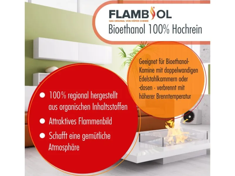 Bioethanol Hochrein 100% in Flaschen für Edelstahl-Tisch-Kamine 6 x 1l*Flambiol Discount