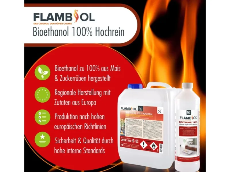 Bioethanol Hochrein 100% in Flaschen für Edelstahl-Tisch-Kamine 6 x 1l*Flambiol Discount