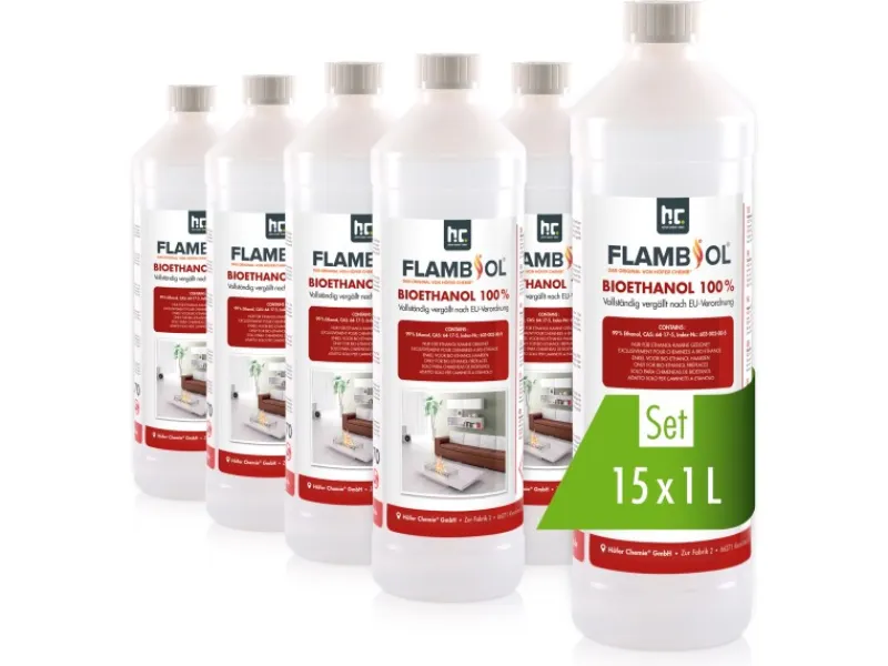 Bioethanol Hochrein 100% in Flaschen für Edelstahl-Tisch-Kamine 6 x 1l*Flambiol Discount