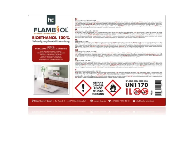 Bioethanol Hochrein 100% in Flaschen für Edelstahl-Tisch-Kamine 6 x 1l*Flambiol Discount