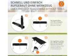 HAUKI Campingzubehör|Sonnenliegen|Campingbett Klappbar Schwarz 210x83x46 cm XL Feldbett mit Tragetasche