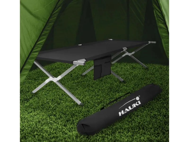 HAUKI Campingzubehör|Sonnenliegen|Campingbett Klappbar Schwarz 210x83x46 cm XL Feldbett mit Tragetasche