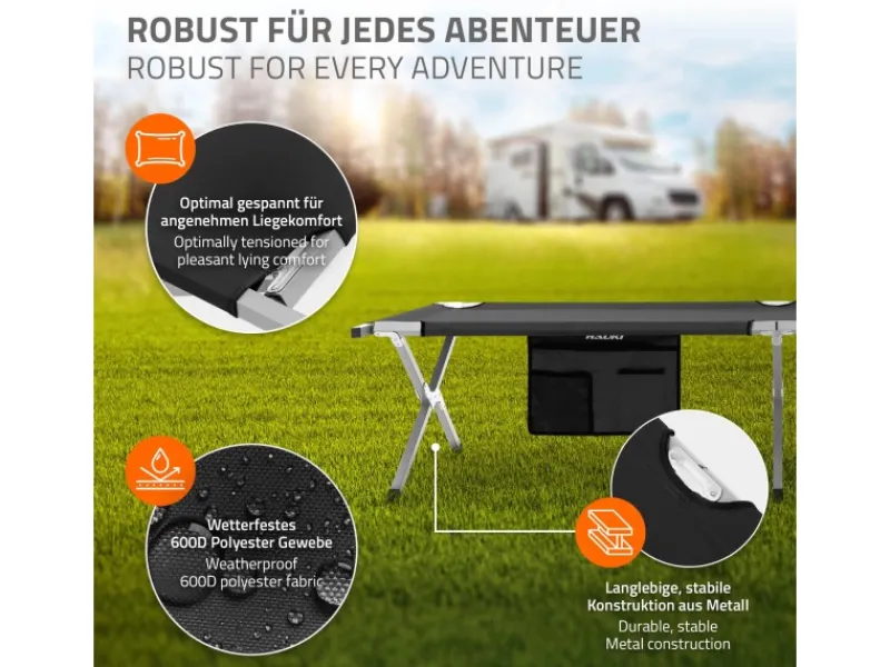 HAUKI Campingzubehör|Sonnenliegen|Campingbett Klappbar Schwarz 210x83x46 cm XL Feldbett mit Tragetasche