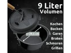 Dutch Oven 9L Eingebrannter Feuertopf aus Gusseisen Inklusive Deckelheber Topfständer und Reinigungsbürste*holz4home Online