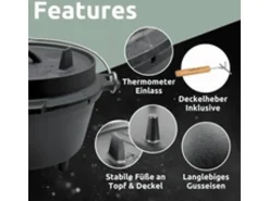 Dutch Oven 9L Eingebrannter Feuertopf aus Gusseisen Inklusive Deckelheber Topfständer und Reinigungsbürste*holz4home Online