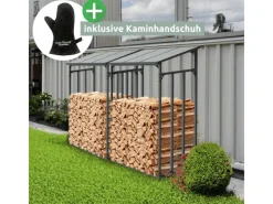 holz4home Kaminholzregale|Kaminholzregal Metall für Außen Anthrazit Pulverbeschichtet Inklusive Ofenhandschuh L