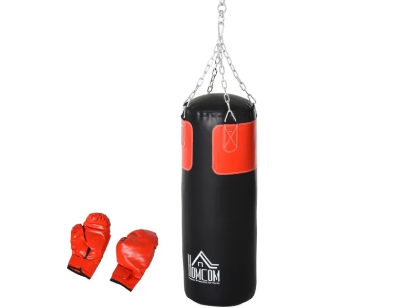 HOMCOM Fitnessgeräte|Boxset mit Boxhandschuhen Gefüllt Set PVC EPE Stahl Schwarz Ø30 x H120 cm